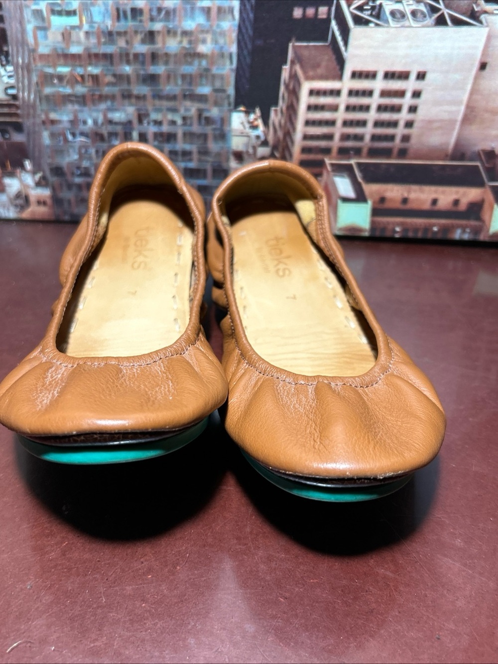 Tieks Brown Leather Ballet Flats with Teal Stitching - Picture 3 of 7